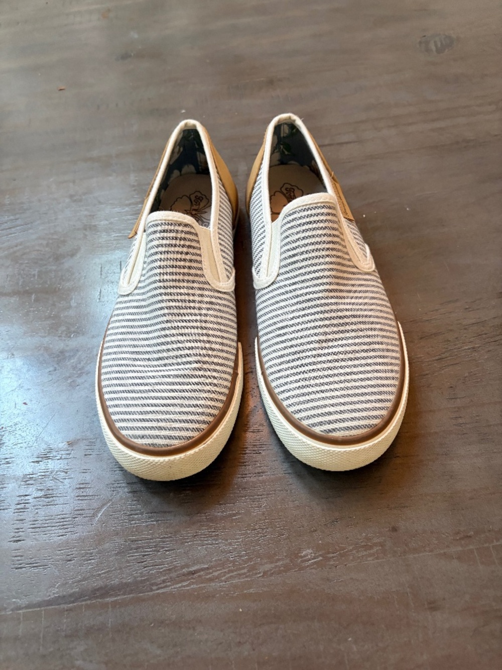 Tommy Bahama navy and white striped canvas sneakers.